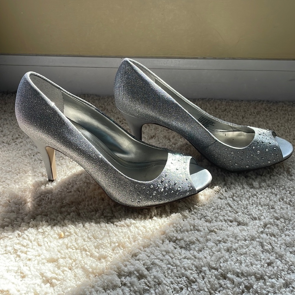 Style & Co 3.5 inch open-toed silver heel.